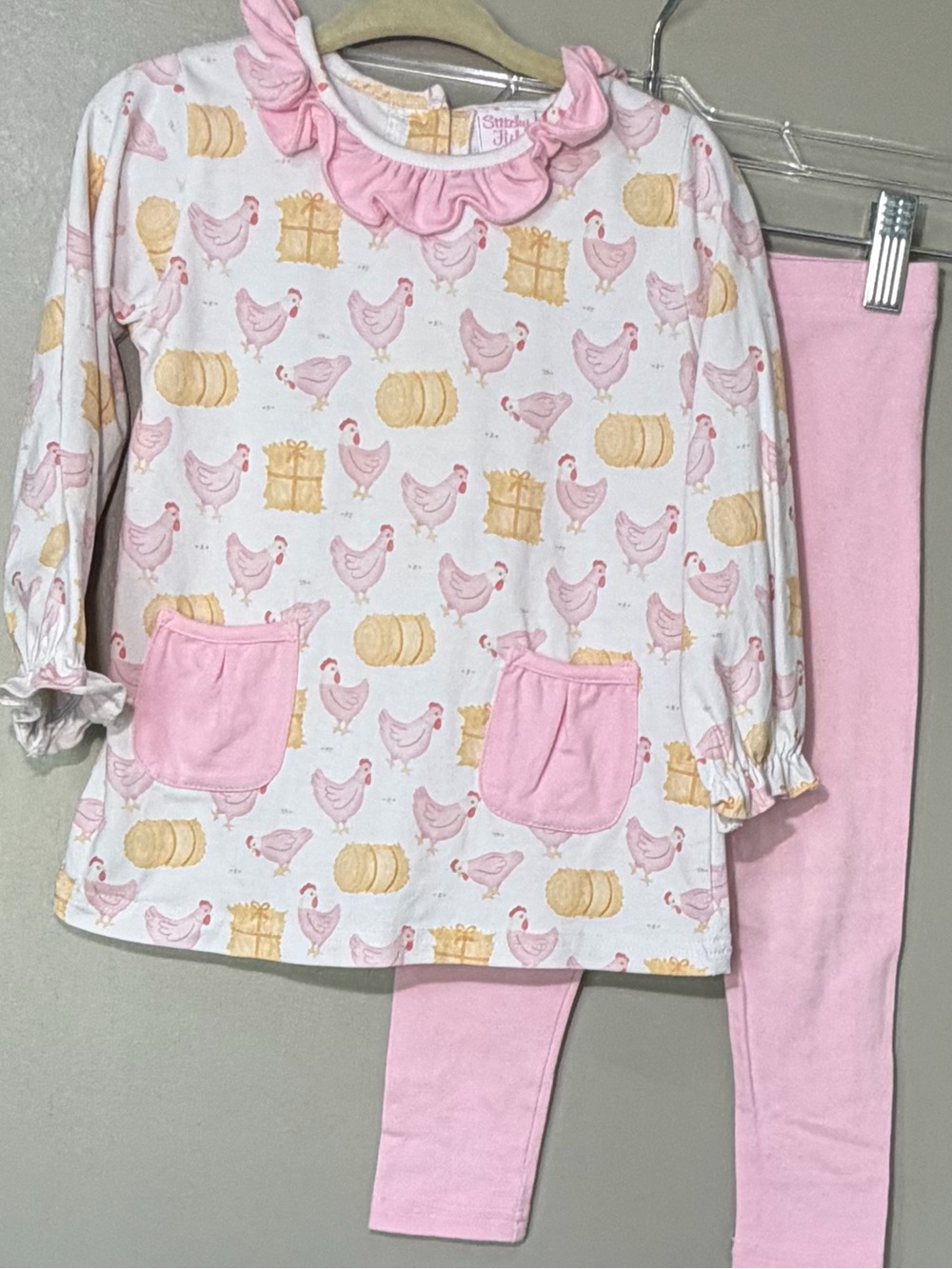 Sweet Pink Hen Print Kids Pajama Set - Ruffle Collar